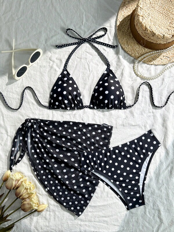Swim Mod 3pcs Women Polka Dot Print Halter Tie Back Sexy Bikini Set For Beach Vacation