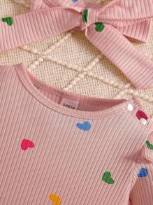 SHEIN Cute & Sweet Autumn Newborn Baby Heart Print Jumpsuit, Cozy Knit Long Sleeve Jumpsuit With Headband - Dusty Pink - View 5