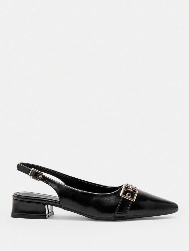 CUCCOO CURVES Plus Size Wide Width Flat Pointed Toe Shoes, Fashion Black Diagonal Strap Buckle Retro Flats Sandals For Christmas
