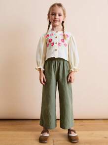 THE HAPPY LOOK Young Girls Embroidered Wooden Button Long Sleeve Shirt And Contrast Color Pants Two Pieces Outfits, Autumn