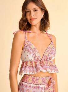 CAJUNI Women's Boho Multi-Color Plant Print Backless Racerback Camisole With Tie Shoulder Straps, Vacation Style - Multicolor - View 1