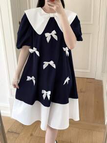 SHEIN 少女蓝白撞色宽松学院风泡泡袖中长连衣裙，撞色领，返校季，优雅，派对，节日，宴会，早午餐服装，生日场合，新年，返校节，舞会，蝴蝶结蝴蝶结连衣裙，蝴蝶结学院风连衣裙，彼得潘领连衣裙 - 藏蓝色 - 查看 3