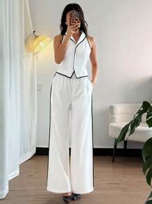 Elenzga 华丽现代两件套女士优雅撞色边无袖吊带上衣和阔腿裤/度假装/夏季装