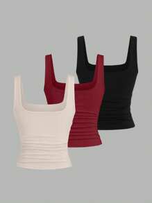 Sweetra Women's Solid Color Ruched Scoop Neck Slim Fit Tank Top, Summer Fashion - Multicolor - View 2