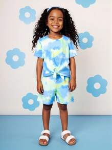 2pcs/Set Girls Tie-Dye Asymmetrical Short Sleeve Top & Elastic Waist Shorts Casual Outfit, Summer - Multicolor - View 3