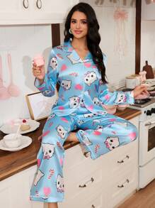 SweetSlumber Set de 2 piezas de pijama de mujer con estampado de gato de dibujos animados y corazón en forma de paleta