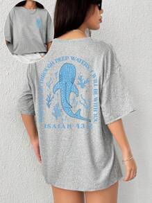INAWLY 女士宽松鲸鱼标语撞色圆领 T 恤 - 淺灰色 - 查看 1