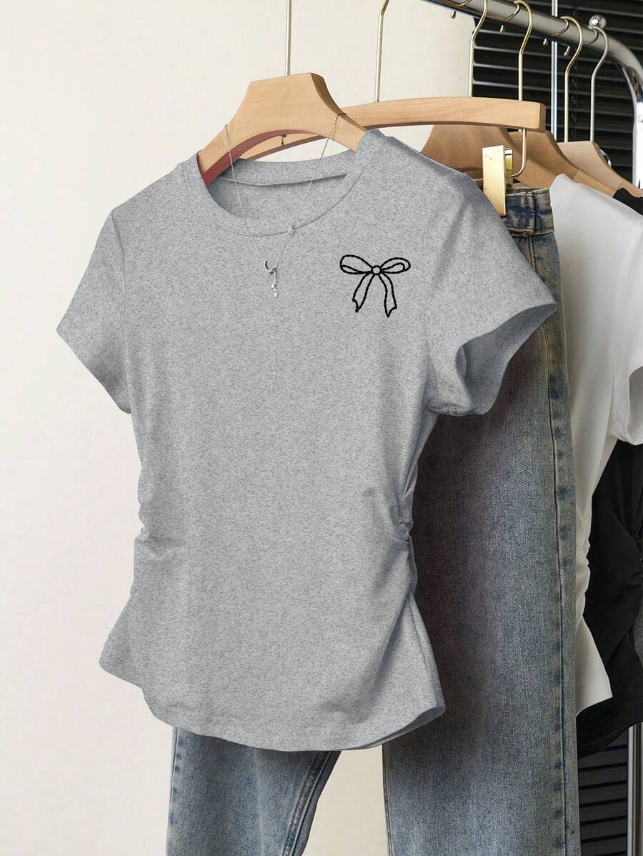 INAWLY Women's Bow Print Round Neck Short Sleeve Pleated Casual T-Shirt - Grey - View 1