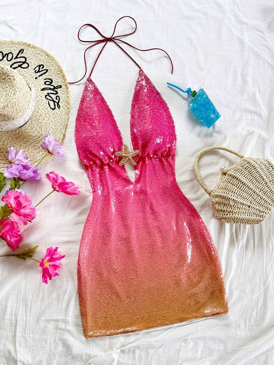 Soleia Gradient Sequin Deep V Metal Decor Halter Mini Dress, Music Festival Party - Multicolor - View 1