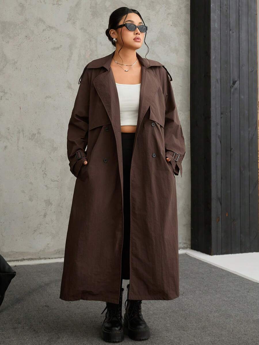 SHEIN EZwear Plus Size Brown Long Trench Coat For Early Autumn Brown Trench Coat Long Brown Coat Winter Fall