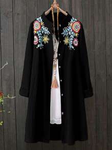 Plus Size Women's Long Embroidered Cardigan Blouse, Spring/Autumn Fall Cloth For Women - Black - View 1