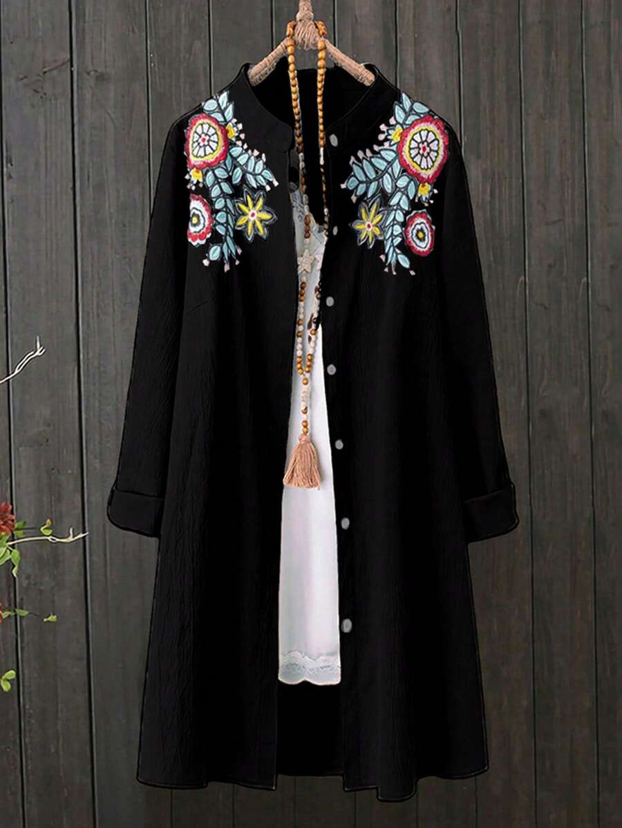 Plus Size Women's Long Embroidered Cardigan Blouse, Spring/Autumn Fall Cloth For Women - Black - View 1