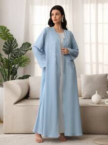 Al Najma Áo choàng trang trí đính đá thanh lịch màu đen rộng rãi cho nữ - Màu xanh nhạt - Xem 6