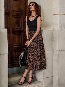 Solivie Casual Leopard Printed Splice Sleeveless Dress Fall Women Outfits,Summer Dresses For Women Summer Dresses For Women Spring Outfit Women Going Out Tops For Women Vacation Outfits Women Leopard Print - Black - View 9