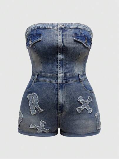 Grunge Punk Plus Size Women Letter Applique Camisole Pocket Denim Romper