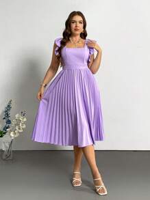 SHEIN Privé Plus Size Elegant And Intellectual Commuting Ruffled Short Sleeve Dress With Pleated Hem, Wedding Guest Dress - Mauve Purple - View 7