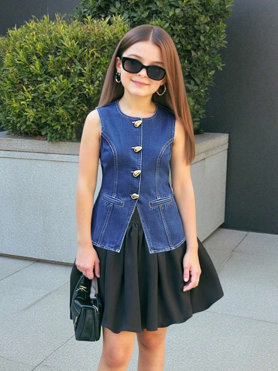 SHEIN Camicetta senza maniche in jeans blu navy stile urban street cool e alla moda per ragazze pre-adolescenti, casual e versatile, adatta come abbigliamento quotidiano e costumi di scena per ragazze pre-adolescenti, per primavera ed estate