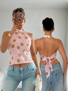 Women's Geometric Polka Dot Print Backless Halter Neck Blouse - Multicolor - View 1