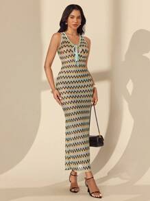 Almamuse Women's Elegant Fitted Sleeveless Knitted Vacation Dress, Casual - Multicolor - View 4