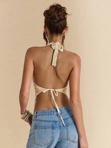 SHEIN BAE Women Solid Spaghetti Strap V-Neck Stretch Sexy Cute Lace Open Back Cami Top, Casual Summer For Concerts, Streetwear, Rave