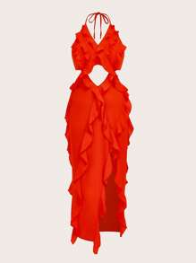SHEIN SXY Robe orange fendue haute avec volants au dos et à l'encolure ras-du-cou, pour femmes grande taille. Convient pour le début du printemps, le printemps et l'été, la forêt tropicale, les fêtes sur la plage, les vacances au bord de , les soirées autour du feu de camp. Fraîche et légère, coupe slim, confortable à porter, facile à assortir, met la silhouette en valeur.