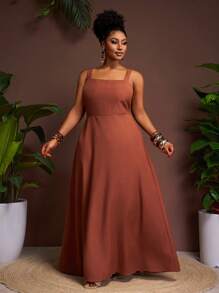 Slaydiva Spring/Summer Vacation Casual Fitted Sling Cinched Waist A-Line Brown Woven Fabric Plus Size Dress For Women - Brown - View 4