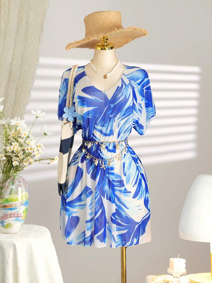 SHEIN Swim 女士夏季海滩度假抽绳腰部罩衫 - 彩色 - 查看 1