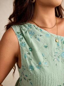 Elaquor 大码女式夏季休闲优雅浪漫度假沙滩绿色亮片修身上衣，适合音乐节、派对、浪漫之旅 - 綠色 - 查看 7