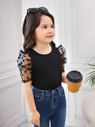 SHEIN Blusa De Malla Contrastante De Manga Abullonada Dobby Para Chica Joven