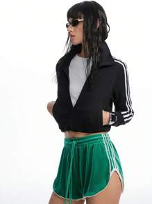 SHEIN EZwear Shorts de verano con cordón de ajuste en la cintura y estampado de rayas laterales para mujer