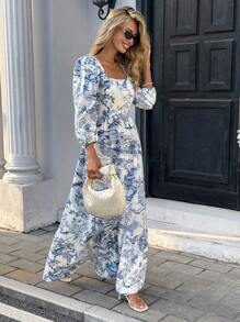 Pariaura French Chic Elegant Woven Square Collar 3/4 Sleeve Ruched Waist Summer New Arrival Floral Printed Dress For Women Autumn Dress Clothes For University