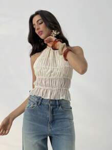 Aloruh 女士优雅日常休闲通勤度假办公上衣外出杏色衬衫性感纯色露背吊带上衣，适合夏季、毕业典礼、返校季穿着