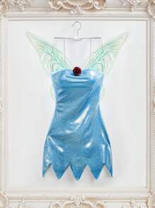 طقم فستان تنكري + سروال داخلي +أجنحة، زخارف زهرية ثلاثية الأبعاد، لامع، زي نسائي - أبيض - مشاهدة 1