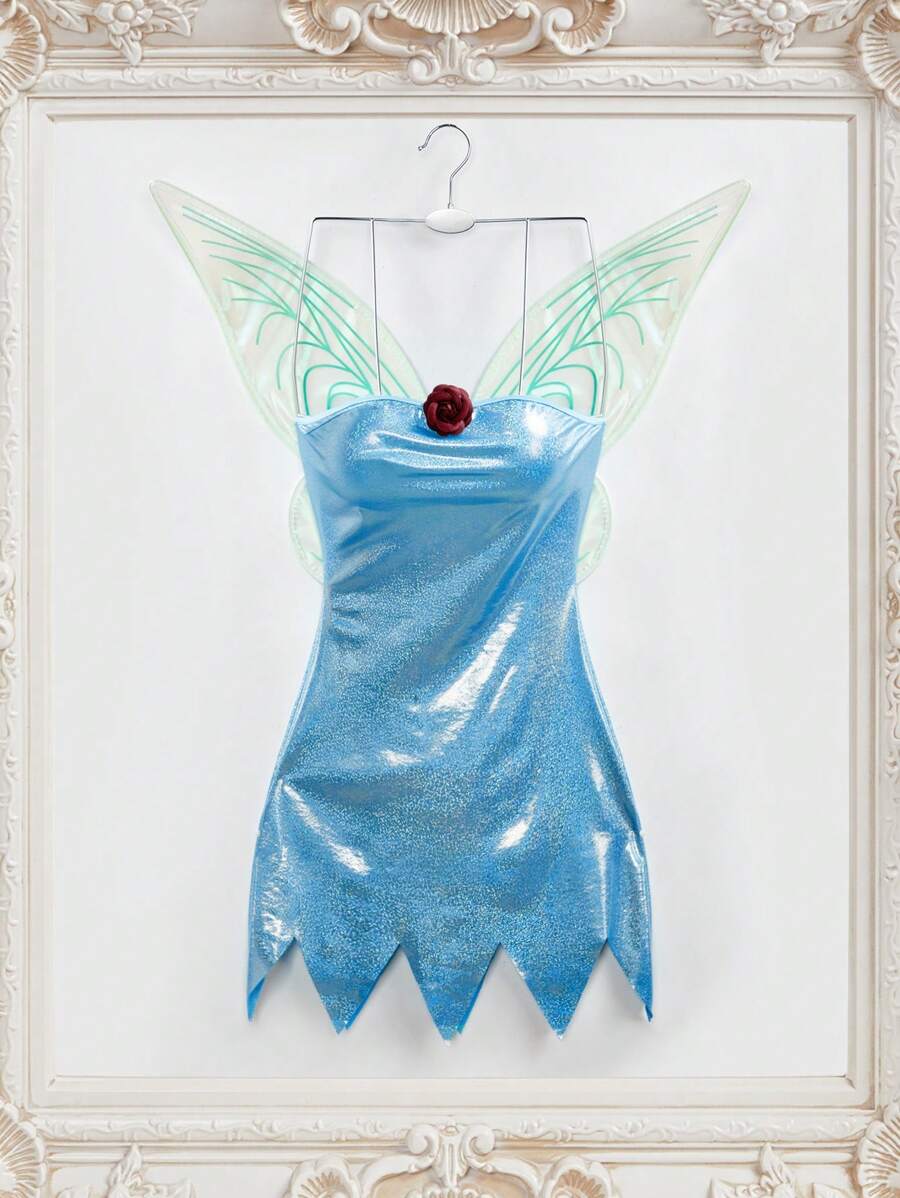 طقم فستان تنكري + سروال داخلي +أجنحة، زخارف زهرية ثلاثية الأبعاد، لامع، زي نسائي - أبيض - مشاهدة 1