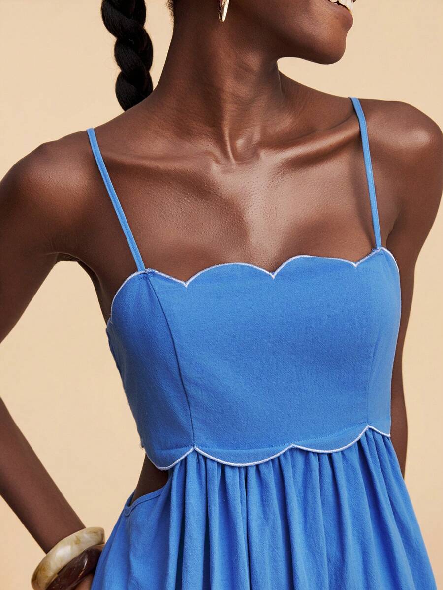 Travachic Resort Casual Embroidered Blue Solid Color Spaghetti Strap Dress ,  Sweetheart Neckline Bustier Dress ,Blue Vacation Dress,Suitable For Holiday , Afternoon Tea, Wedding Season, Beach Cruise Vacation, City Road Trip Vacation, Boho Vacation, Music Festival , Beachwear, Easter, Beach Outfits For Woman, Elegant Dress For Women, Vacation Outfits Women, Concert Outfit Women, Tropical Vacation Woman Clothes, Holiday Outfits, Bohemian Clothes,For Spring Sunmmer And Autumn