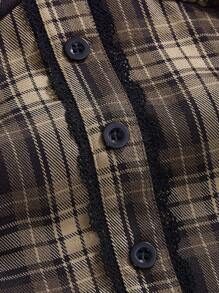 ROMWE Goth 学院风女式格子衬衫，荷叶边下摆，泡泡袖