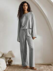 Ocili Conjunto de 2 piezas de mujer de bambú casual con cuello redondo, manga larga, top y pantalones para estar en casa y descansar. Cómodo y suave, ideal para vacaciones de verano. Detalles elegantes y acogedores, ropa de otoño e invierno.