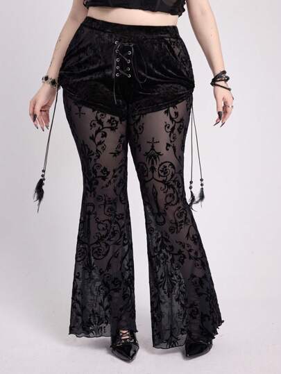 EDITION Sexy Gothic Masquerade Vine Drawstring Feather See-Through Net Flocked Flocked Eyelet Lace-Up Bow Shorts Plus Size