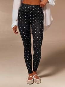 Athîral 波点印花高腰运动紧身裤，休闲 - 黑與白 - 查看 3