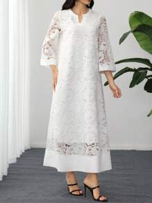 SHEIN Lacomfia فستان أبيض بتصميم الأكمام الواسعة والرقبة الرسمية مزخرف بالكشكشة والزهور من الدانتيل