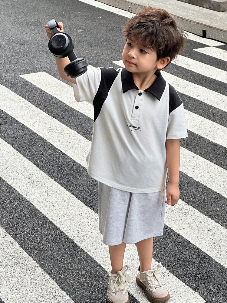 2pcs Young Boys Size Polo Collar Color Block Print Short Sleeve T-Shirt And Shorts Set, Summer