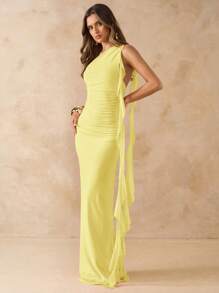 SHEIN BAE 女士优雅不对称褶饰露背长款网眼荷叶边连衣裙，优雅度假沙滩裙，春夏