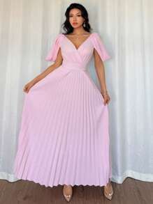 Rafferiza Women's V-Neck Off Shoulder Ruched Waist Elegant Dress - Pink - View 6