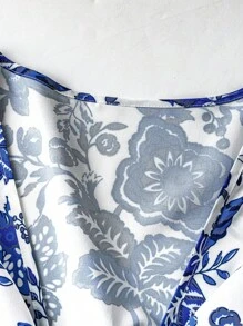 Flirla Vestido acampanado con escote en V fruncido, estampado floral y manga con volantes, para mujer de talla grande. Diseño romántico con estampa de porcelana, adecuado para vacaciones, uso casual, escuela, todas las estaciones.