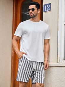 Manfinity VCAY Men Cotton Letter Patched Striped Drawstring Waist Shorts