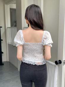 Celisse 时尚新款法式白色波点蕾丝拼接夏季方领泡泡袖女衬衫 - 白色 - 查看 2