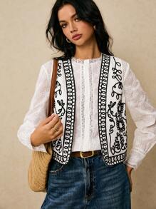 Poéselle Women's Black & White Folk Embroidered Top, Boho Cotton Waistcoat, White Floral Summer Cardigan, Cottagecore Tea Party Layering Vacation Clothes - White - View 6