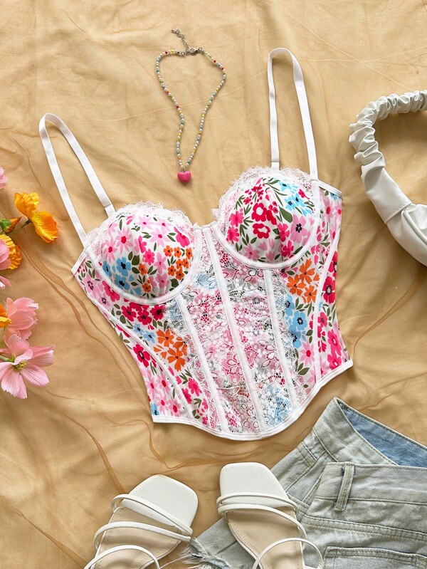 Soleia Women's Vacation Yellow & Pink Floral Print Lace Trim Bralette Top With Bone Support, Adjustable Straps, Figure-Flattering Design, Suitable For Party, Date, Valentine's Day, Carnival, Easter, Beach, Cruise, Spring/Summer Fashion Item