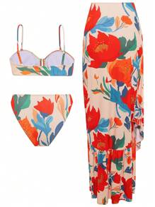 Swim Oasis 3pcs/Set New Spring/Summer Multi-Color Floral Random Print Off-Shoulder Backless Elegant Bohemian Vacation Casual Beach Party Bikini Set, Ruffle Hem Maxi Skirt & Beach Cover Up Dress Swimsuit - Multicolor - View 7
