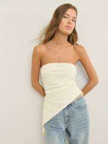 Nöista Asymmetrical Hem Draped Silhouette Textured Waffle Fabric Strapless Neckline Top; Lightweight Breathable Design Perfect For Beach For Women, For Women, And Casual Pride Celebration Looks; Versatile Summer Essential.